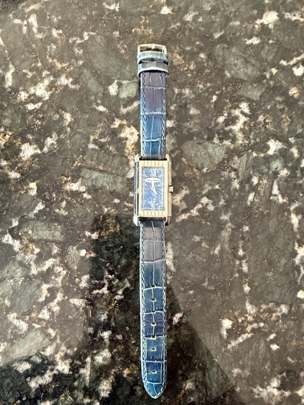 Rectangular Blue Leather Strap Dress Watch